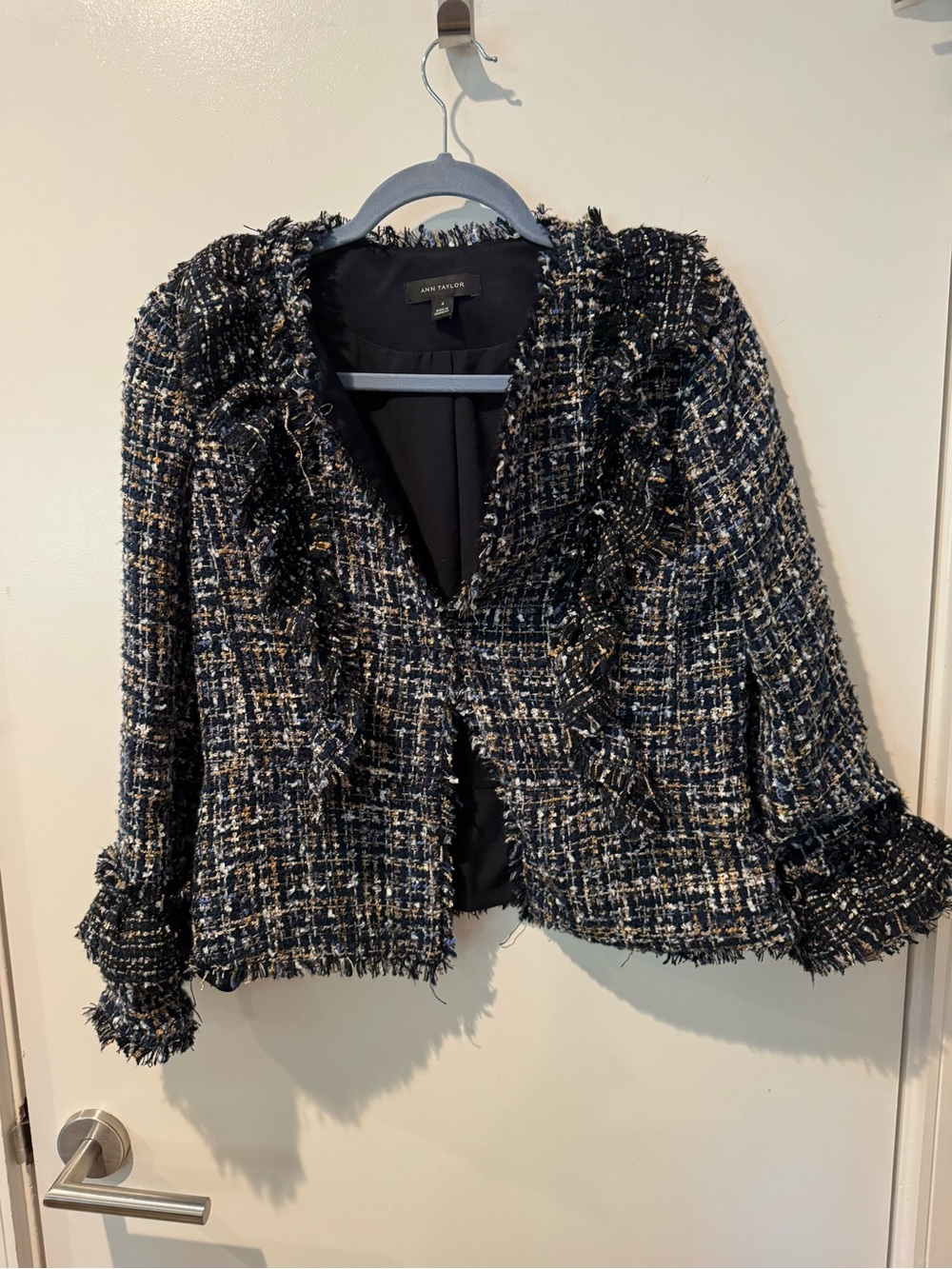 Ann Taylor Navy Tweed Fringe-Trim Jacket Size 4
